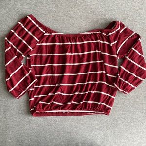 Off the shoulder burgundy and white striped crop top